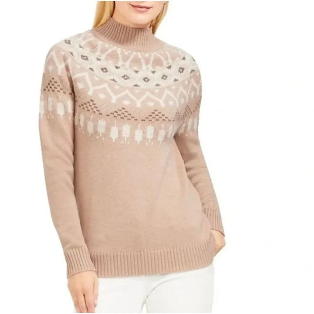 J. McLaughlin Beige Fair Isle Sweater size Large Wool Blend Nordic preppy
